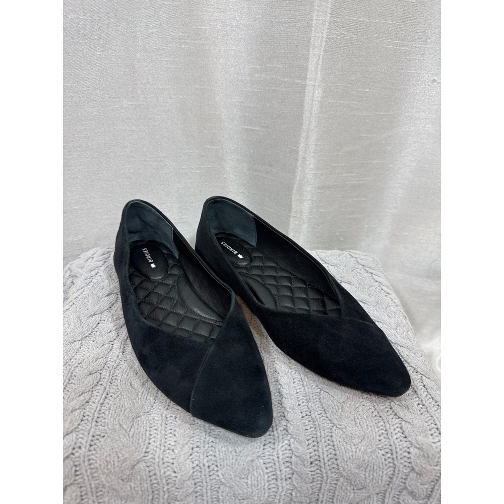 Birdies The‎ Heron Black Suede Pointed Toe Quilted Comfort Flats Womens 6.5